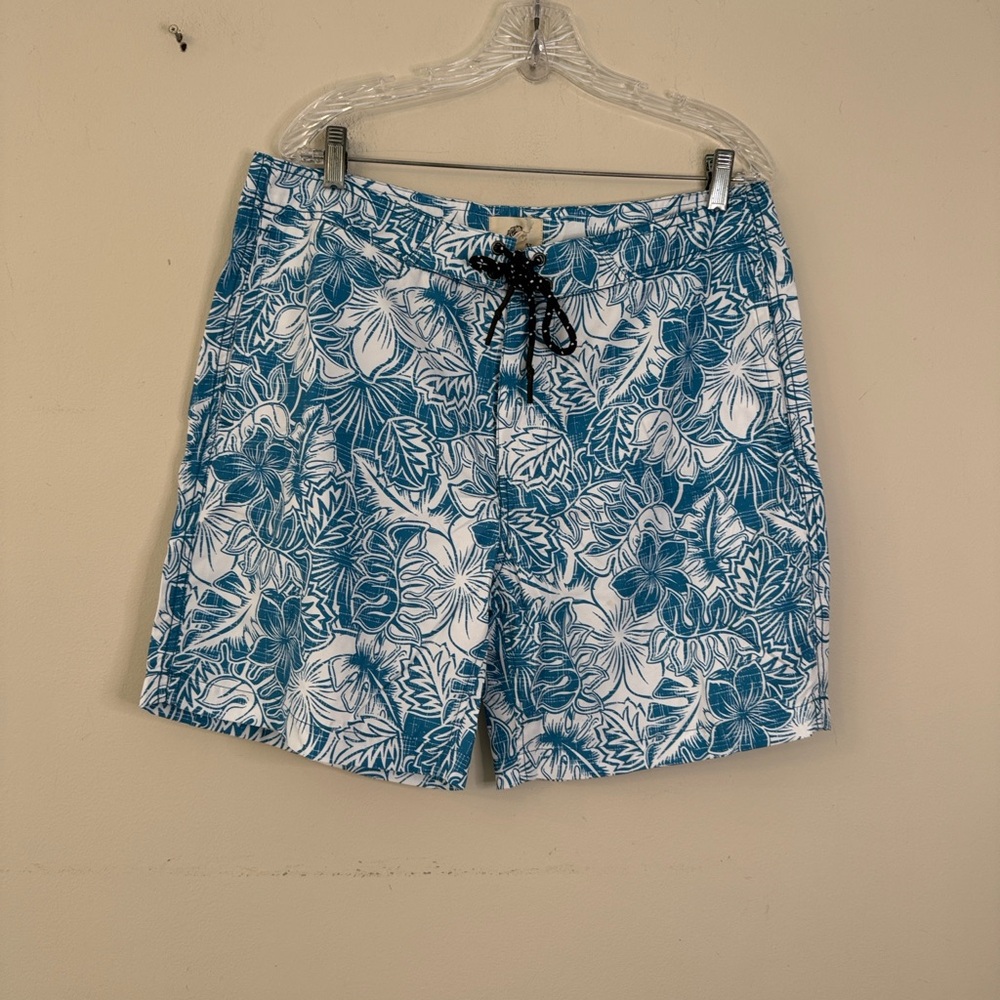 Surfside Supply Teal White tropical floral palm leaf Swim Trunks pockets SZ XXL